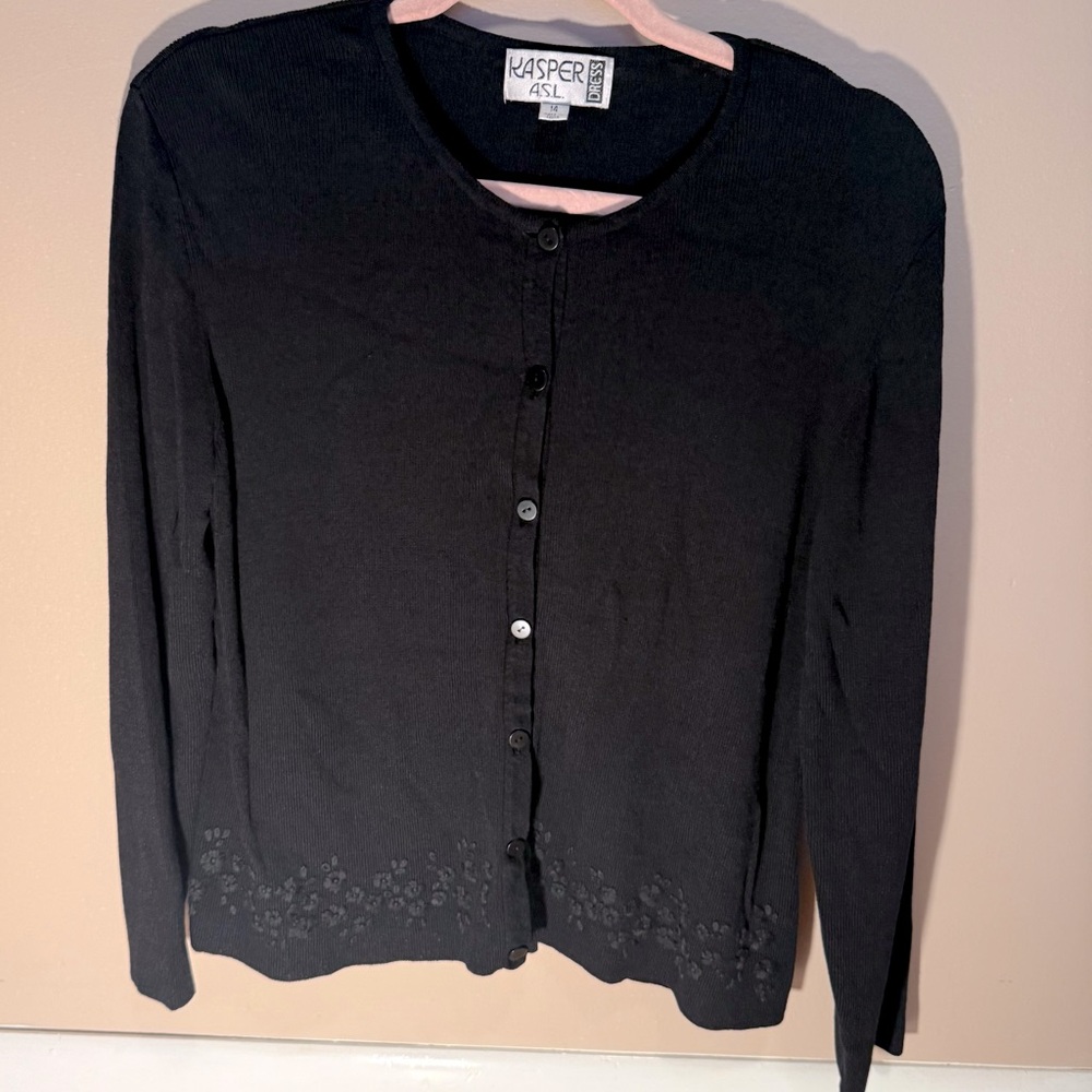 KASPER Black Long sleeve Sweater with V Neck button down Embroidery SZ/14